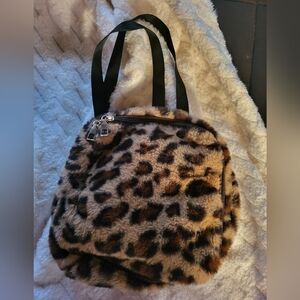 Leopard Print Faux Fur Backpack with Black Straps